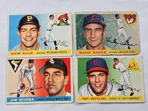 lot 290 image: Lot of 4 Vintage 1955 Topps Baseball Cards Featuring Gair Allie, Hank Sauer, Jim Rivera, and Rip Repulski