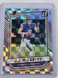 lot 295 image: J.J. McCarthy Rookie 2024 Panini Donruss The Rookies Foil #TR-1 - Minnesota Vikings Football Card