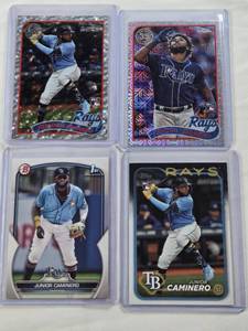 lot 302 image: Lot of 4 Junior Caminero Rookie Cards including Topps and Topps Chrome Refractors, 1st Bowman