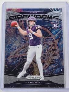 lot 304 image: J.J. McCarthy Rookie 2024 Panini Prizm Fireworks #18 - Minnesota Vikings Football Card