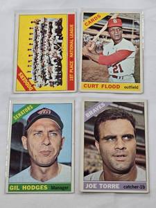 lot 307 image: Lot of 4 Vintage 1966 Topps Baseball Cards Featuring Curt Flood, Joe Torre, Los Angeles Dodgers Team, and Gil Hodges.