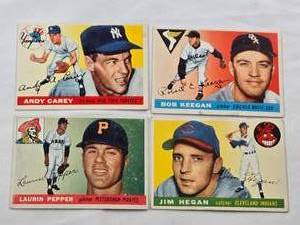 lot 319 image: Lot of 4 Vintage 1955 Topps Baseball Cards Featuring Andy Carey, Bob Keegan, Laurin Pepper, and Jim Hegan
