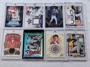 lot 387 image: Lot of 8 Baseball Cards 7 in Magnetic One Touch Cases Featuring Mike Trout, Max Muncy, Evan Carter, Justus Sheffield, Myke Towers, Jasson Dominguez, Ben Schwartz, and Paul Skenes. Includes Rookie, All-Star Game, and Memorabilia Cards.