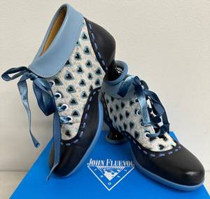 lot 6 image: John Fluevog Investigator Enneagram Lace-Up Ankle Boots, Navy Hearts, Size 7.5