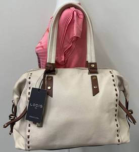 lot 6B image: Lodis San Tropez Satchel Genuine Leather in Sand and Chestnut - New with tags