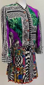 lot 10 image: Atelier Gianni Versace Long Sleeve Dress with Graphic Print and Pleated Skirt