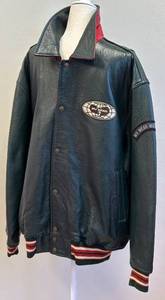 lot 32B image: Wu Wear Urban Militia Dark Green Leather Bomber Jacket with Embroidered Logos - 2XL
