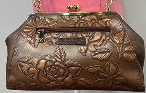 lot 39B image: Anuschka Embossed Hand-Painted, Tooled Rose Bronze Leather Crossbody Bag with Floral and Butterfly Design - New with Tags