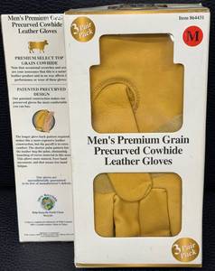 lot 46B image: 3 Pair Pack Mens Premium Grain Pre-curved Cowhide Leather Gloves-Size M - New in Box