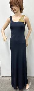 lot 50 image: Mollie Parnis Navy Sleeveless Gown with Gold Beaded Shoulder Detail