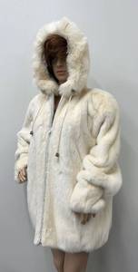 lot 52 image: Beautiful Alaska Fur Gallery XL White Hooded Fur Coat, 29 Inch Long