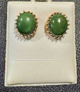 lot 15AC image: Pair of 18KY Jade Oval Cabochon Earrings