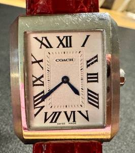lot 16AK image: Coach Stainless Steel Swiss Made Watch with Red Leather Band