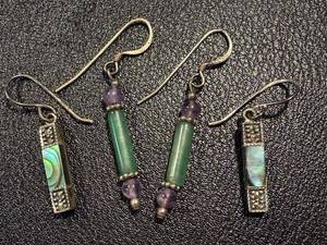 lot 18AC image: Set of Sterling Silver Drop Earrings with Abalone and Green Stone Accents