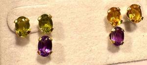 lot 24NP image: Set of 3 Pairs 10k Gold Gemstone Stud Earrings with Citrine, Amethyst, and Peridot
