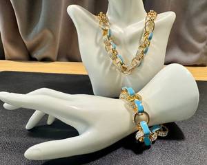 lot 30CM image: Gold Tone Necklace and Bracelet Set with Blue Enamel and Rhinestone Accents