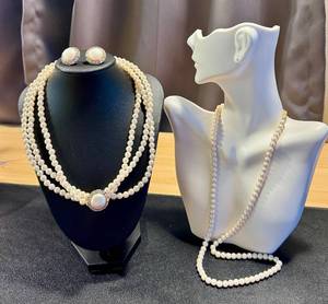 lot 34AC image: Faux Pearl Jewelry Set Triple Strand 16-inch Necklace, 24-inch Single Strand, Earrings