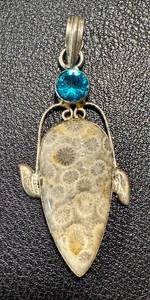 lot 38MA image: Sterling Silver Pendant with Agatized Coral and Topaz Accent