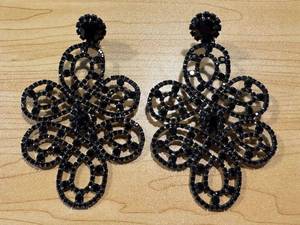 lot 39AK image: KJL Statement Black Rhinestone Clip Earrings 4.5 Inch Pair