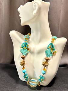 lot 41CM image: 20-Inch Art Glass Beaded Necklace with Turquoise, Gold, and Amber Accents