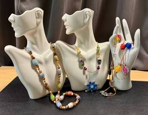 lot 42GS image: Collection of Vintage Glass Bead Necklaces and Blue Flower Brooch