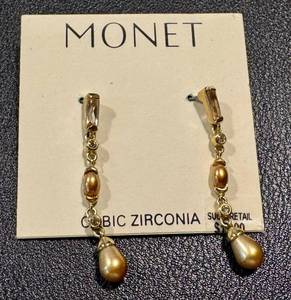 lot 42RG image: Monet Cubic Zirconia Drop Earrings with Gold Tone and Faux Pearl Accents