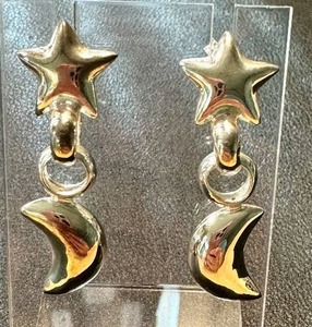 lot 46NP image: Sterling Silver Star and Crescent Moon Dangle Earrings, 1.75 Inch Drop