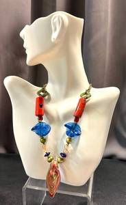 lot 47CM image: Art Glass Beaded Necklace with Colorful Pendant