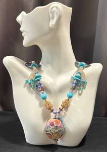 lot 49CM image: Artisan Lampwork Glass Bead Necklace with Pendant