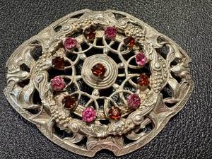 lot 51GS image: Vintage Silver Tone Scottish Celtic Thistle Brooch with Pink and Amber Stones