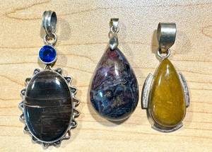 lot 55MA image: Set of 3 Sterling Silver Gemstone Pendants Jasper Obsidian Pietersite