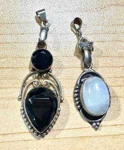 lot 56MA image: Pair of Sterling Silver Gemstone Pendants with Black Onyx and Moonstone