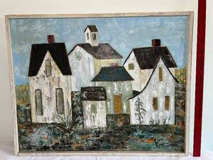 lot 5 image: Vintage 1967 Kosec Painting - Old Houses Scene