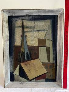 lot 7 image: Cubist Abstract Architecture Oil Painting in Wooden Frame