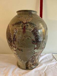 lot 19 image: Large Stoneware Vase with Native American Art Motifs