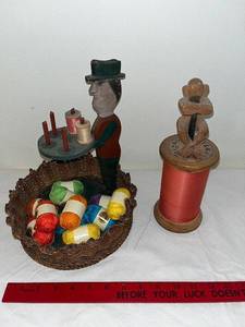 lot 126 image: Vintage Rochester Thread Spool & Yarn Basket with Carved Figures