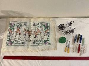 lot 168 image: Vintage Needlepoint, Peg Dolls, Wire Chairs, Utensils Lot