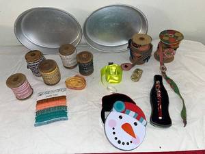 lot 174 image: Crafting Lot Ribbons, Cords, Decorative Tins & Coca-Cola Pen