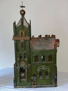 lot 235 image: Antique Wooden Hand-Painted Dollhouse Church with Stained Glass