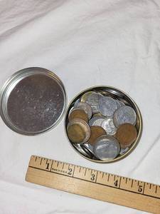 lot 45 image: Assorted Foreign Coins in Metal Tin - Coin Collection Lot