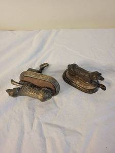 lot 48 image: Antique Metal Dog Sewing Clamps with Pincushions Set of 2