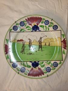 lot 109 image: Antique Stick Spatterware Rabbitware Plate with Rabbits Playing Golf Design