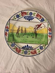 lot 111 image: Antique Stick Spatter Rabbitware Plate Animal Croquet Scene