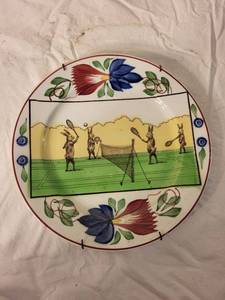 lot 113 image: Antique Rabbitware Plate with Rabbit Tennis Scene