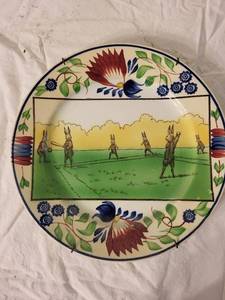 lot 120 image: Antique Rabbitware Plate with Rabbits Playing Game Design