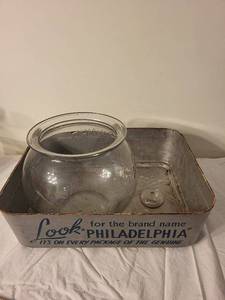 lot 187 image: Vintage Glass Peanut Jar & Philadelphia Cream Cheese Brand Metal Tray
