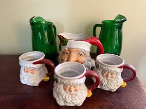 lot 66 image: Santa Themed Ceramic Mugs and Pitcher Set with Green Glasses