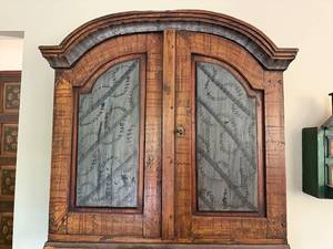 lot 67 image: German Baroque burr walnut veneer secretaire bookcase, also known as a writing cabinet.  Possibly 18th Century