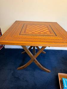 lot 79 image: Vintage Wooden Folding Chess Table with Intricate Inlay Design