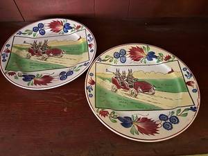Pair of Antique Stick Spatter Spongeware Rabbitware Rabbit Plate ~ Jalopy Car c 1900